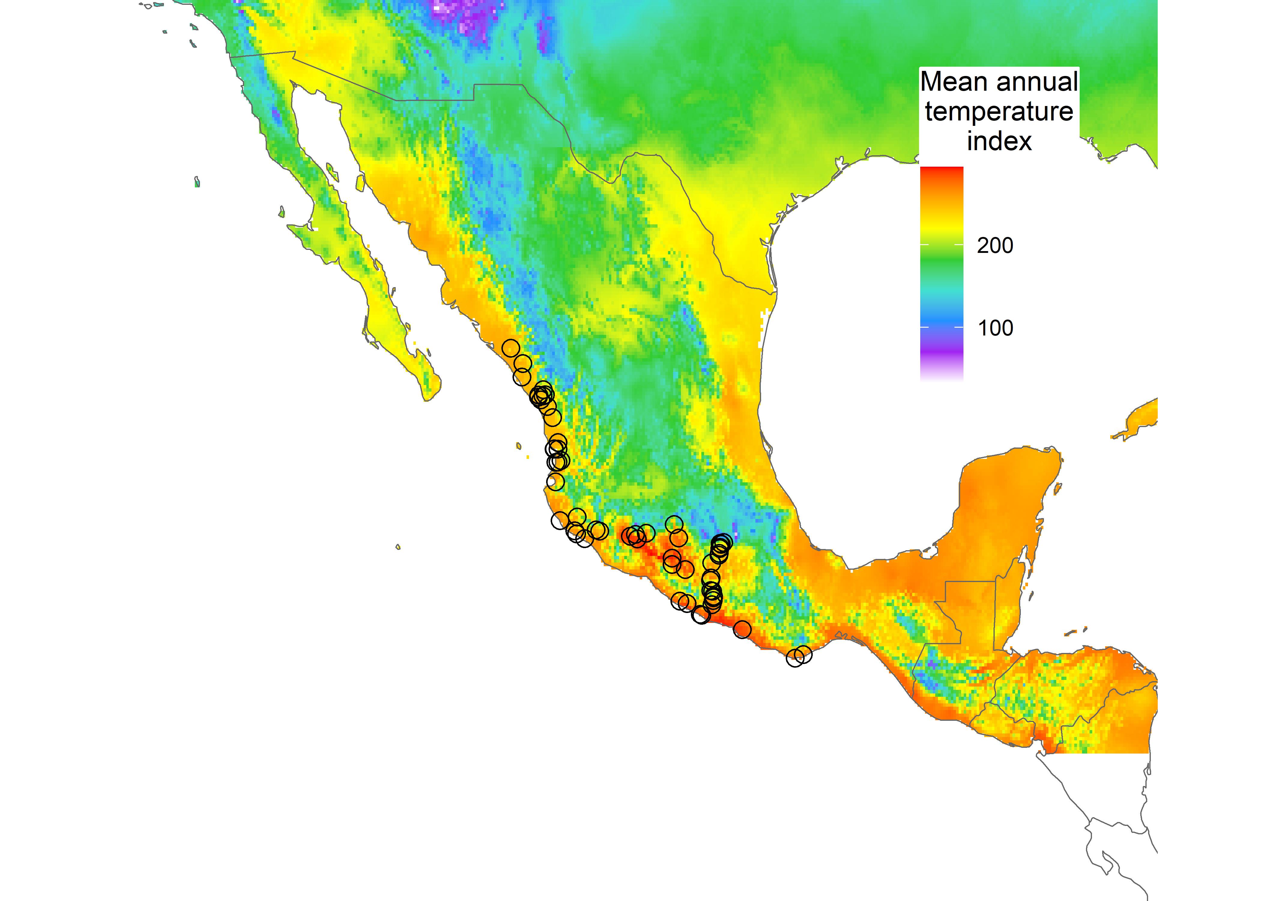 Figure 3. Map of mean annual temperature in degrees Celsius of Mexico and the Southwestern United States. Mean annual temperature is one of a set of abiotic predictors of M. chrysogenys distribution. Warmer colors indicate warmer temperatures and the scale of the key is multiplied by 10. Black circles indicate observation locations.