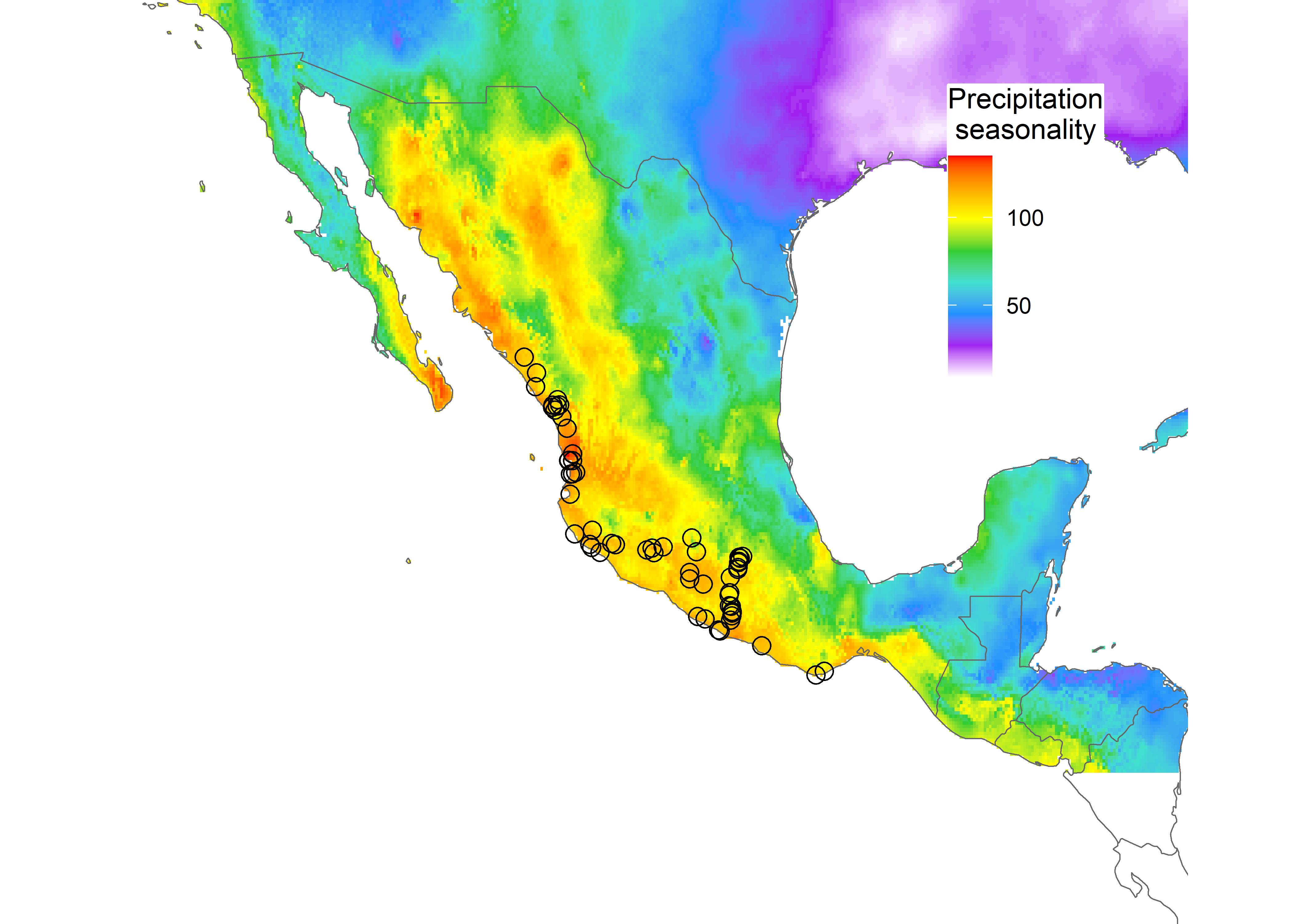 Figure 2. Map of precipitation seasonality in Mexico and the Southwestern United States. Precipitation seasonality is one of a set of abiotic predictors of M. chrysogenys distribution. Warmer colors indicate higher rainfall. Black circles indicate observation locations.