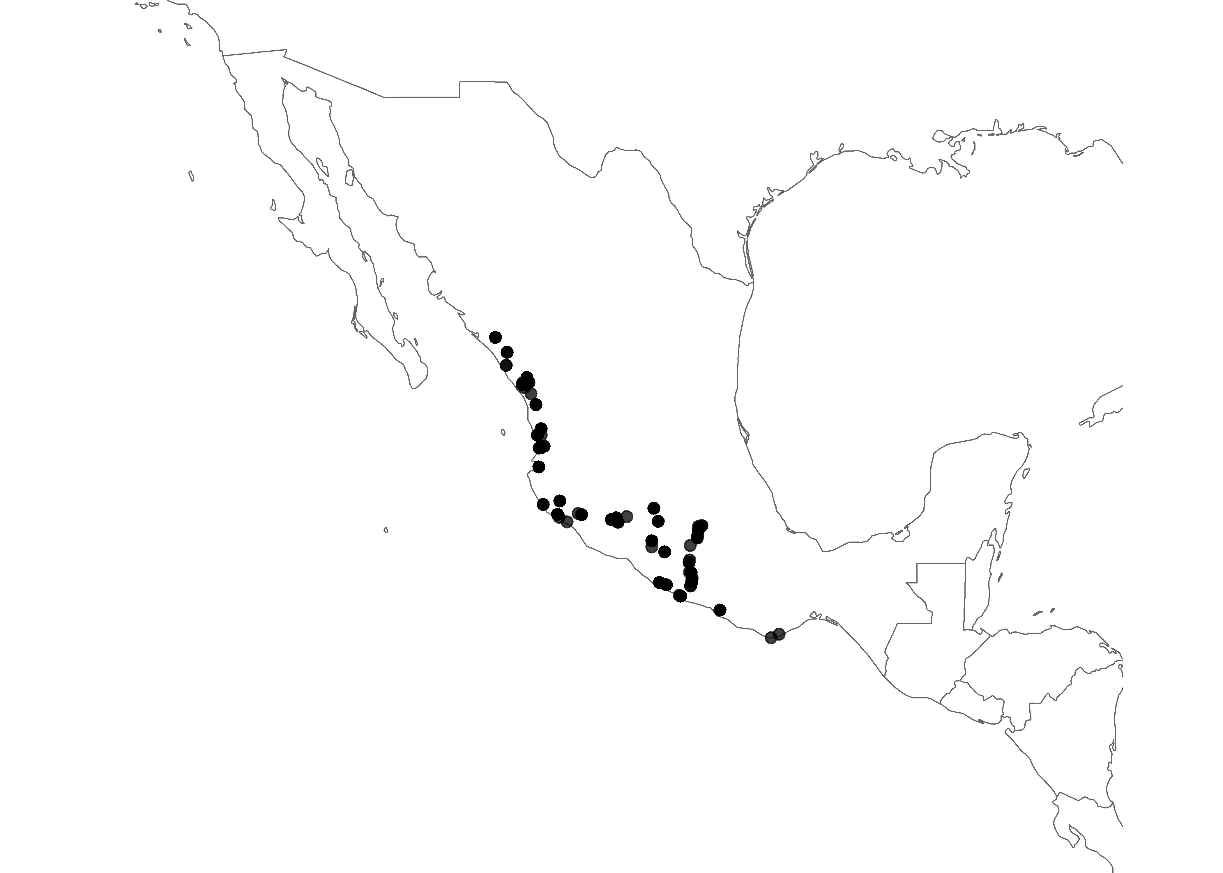 Figure 1. Observed locations of M. chrysogenys in Mexico. Black dots indicate observation locations.